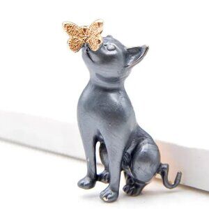 Final Price New Enamel Black Cat & Butterfly w/ Rhinestones Pin Brooch